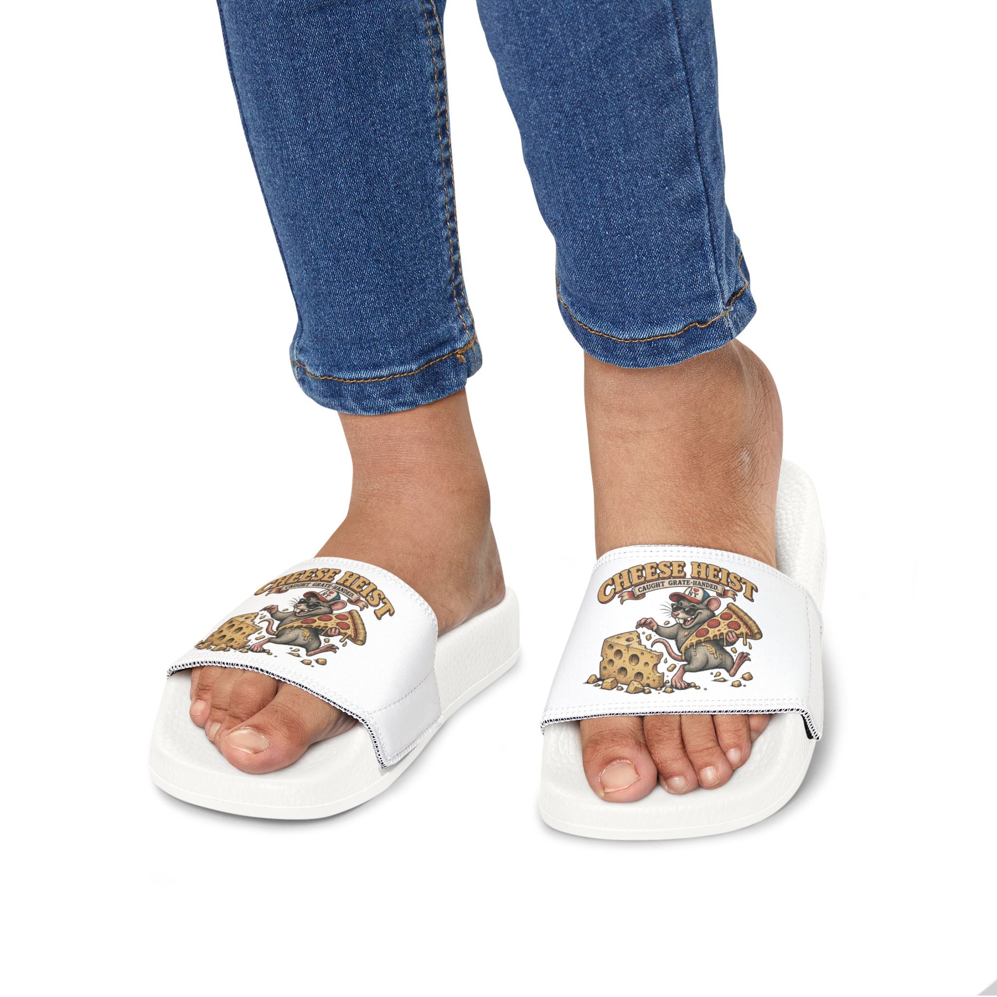 Youth Pizza Rat Slide Sandals — "Cheese First" Graphic Slides for Kids