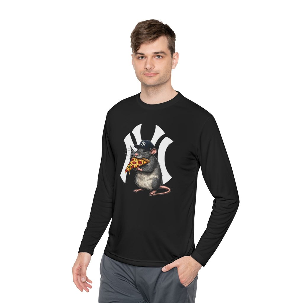 NY Yankee Rat Eating Pizza Long Sleeve Tee — Cute Baseball Logo Mashup