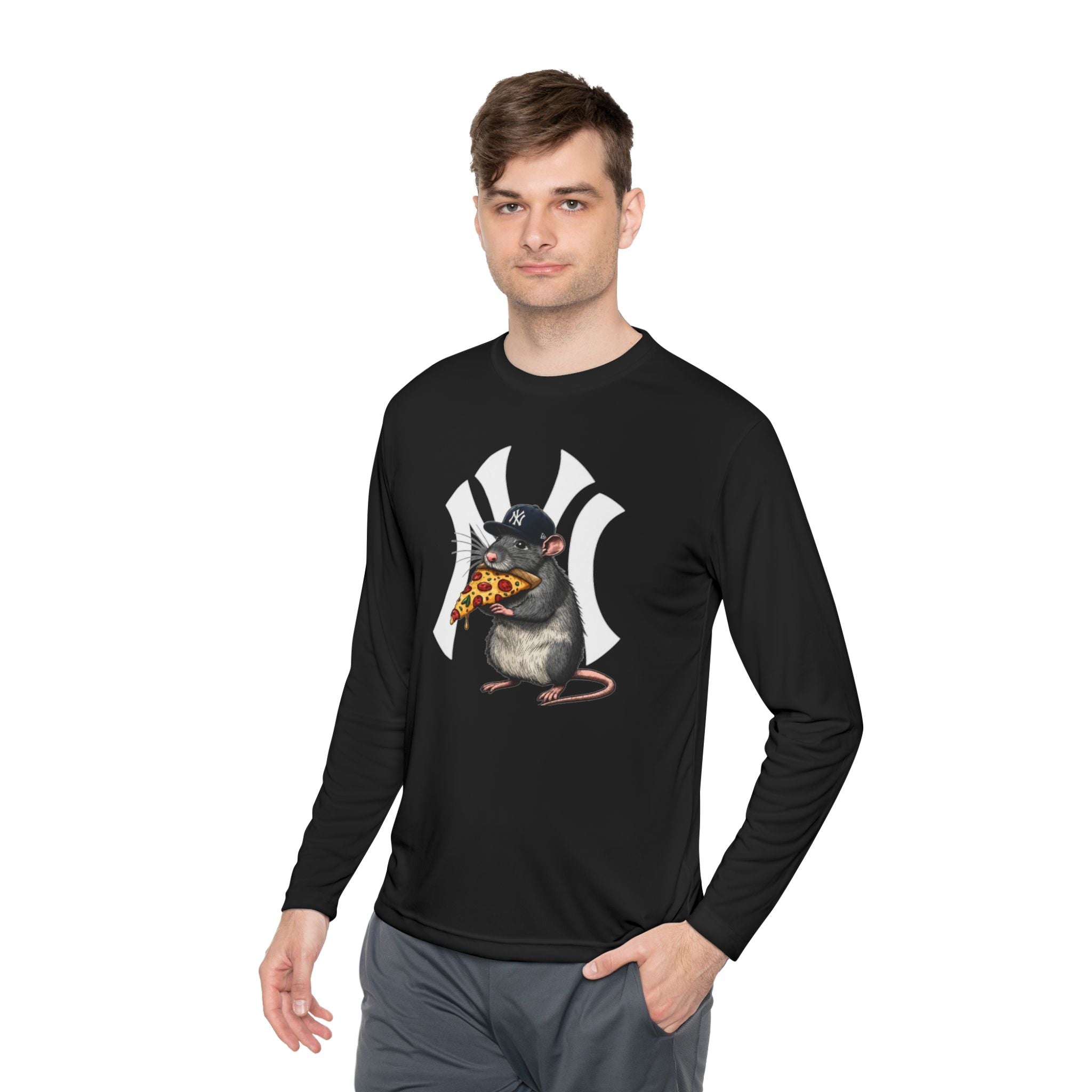 NY Yankee Rat Eating Pizza Long Sleeve Tee — Cute Baseball Logo Mashup