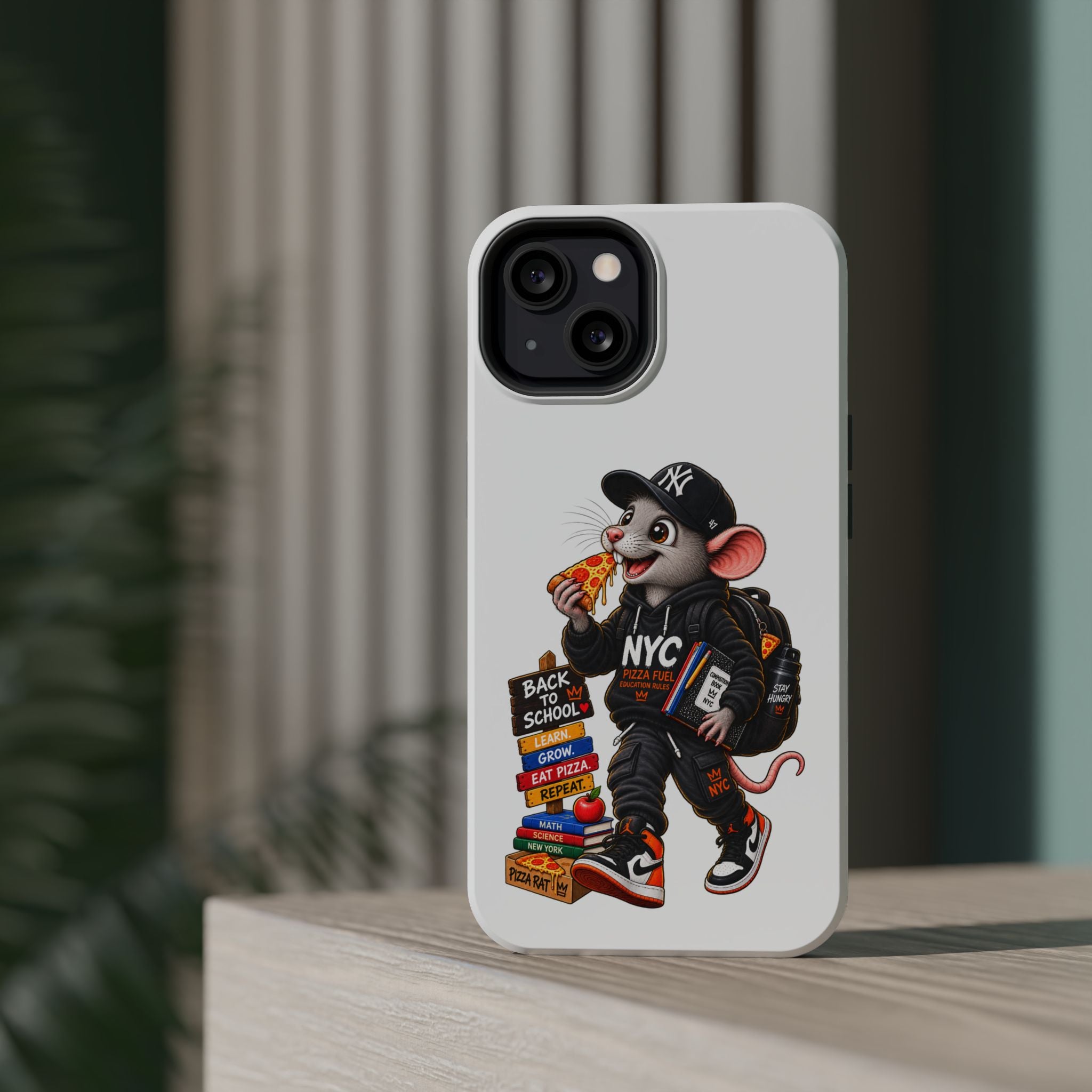 NYC Street Rat Phone Case – Magnetic Impact-Resistant iPhone Case with Back-to-School Pizza Design