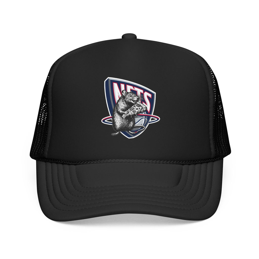 Black Trucker Hat with Retro Raccoon Patch — 'NTS' Vintage Style Foam Cap - Brooklyn Nets