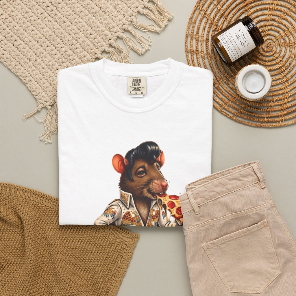 Elvis Rat Pizza T‑Shirt — Retro Rockabilly Mouse Eating Pizza Graphic Tee