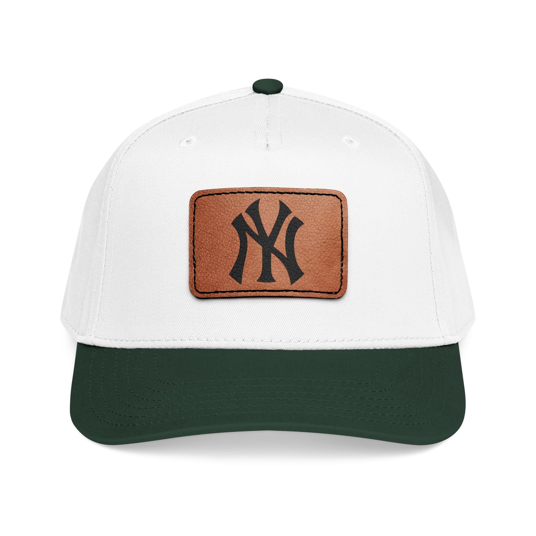 NY Leather Patch Baseball Cap — Vintage Leather Rectangle Patch on Mid-Profile Cap