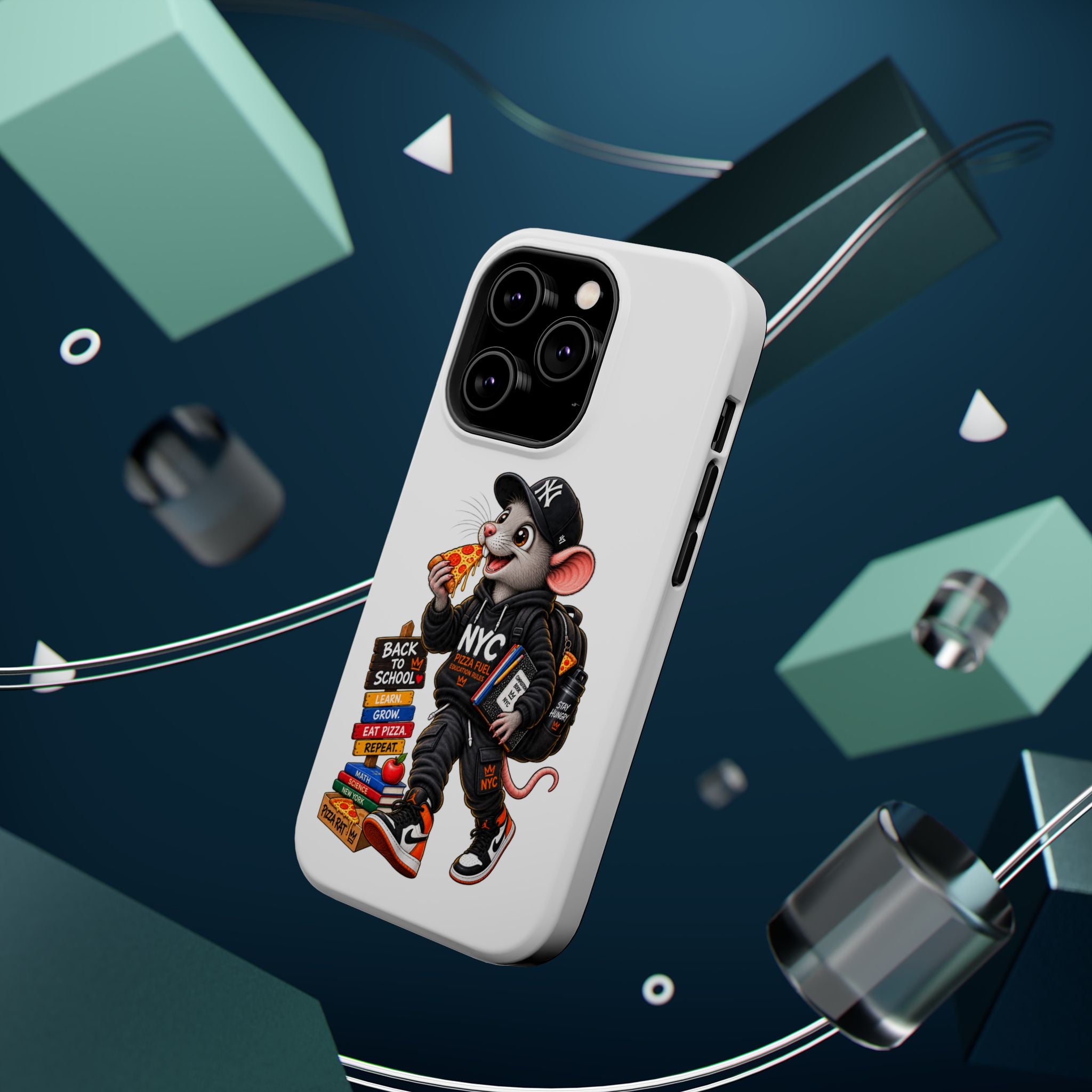 NYC Street Rat Phone Case – Magnetic Impact-Resistant iPhone Case with Back-to-School Pizza Design