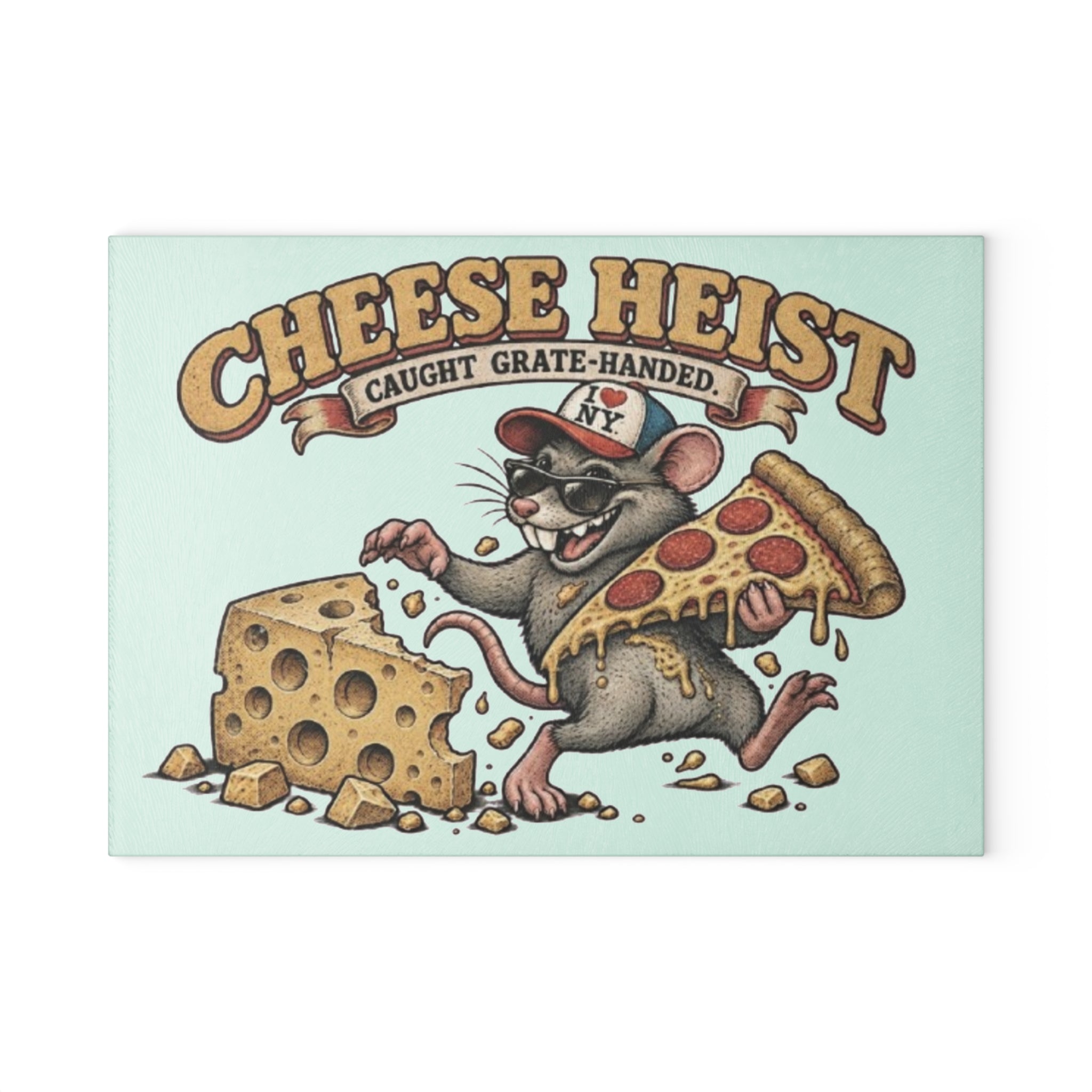 Glass Cutting Board - "Cheese Heist" Retro Rat Pizza & Cheese Kitchen Art