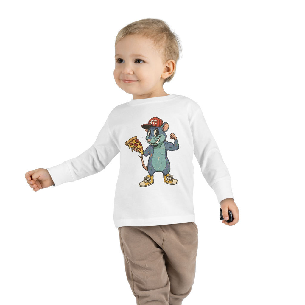 Toddler Long Sleeve Tee — Fun Pizza-Loving Cartoon Rat Graphic