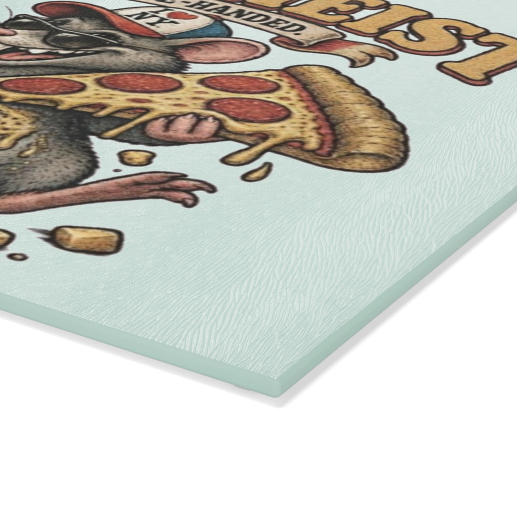 Glass Cutting Board - "Cheese Heist" Retro Rat Pizza & Cheese Kitchen Art