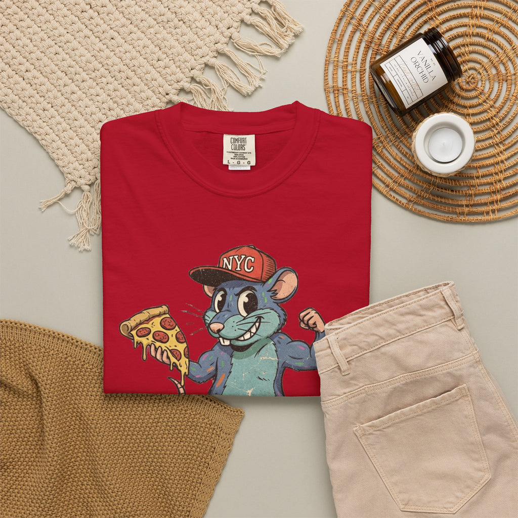NYC Pizza Rat T-Shirt — Urban Cartoon Rodent Holding Slice Graphic Tee