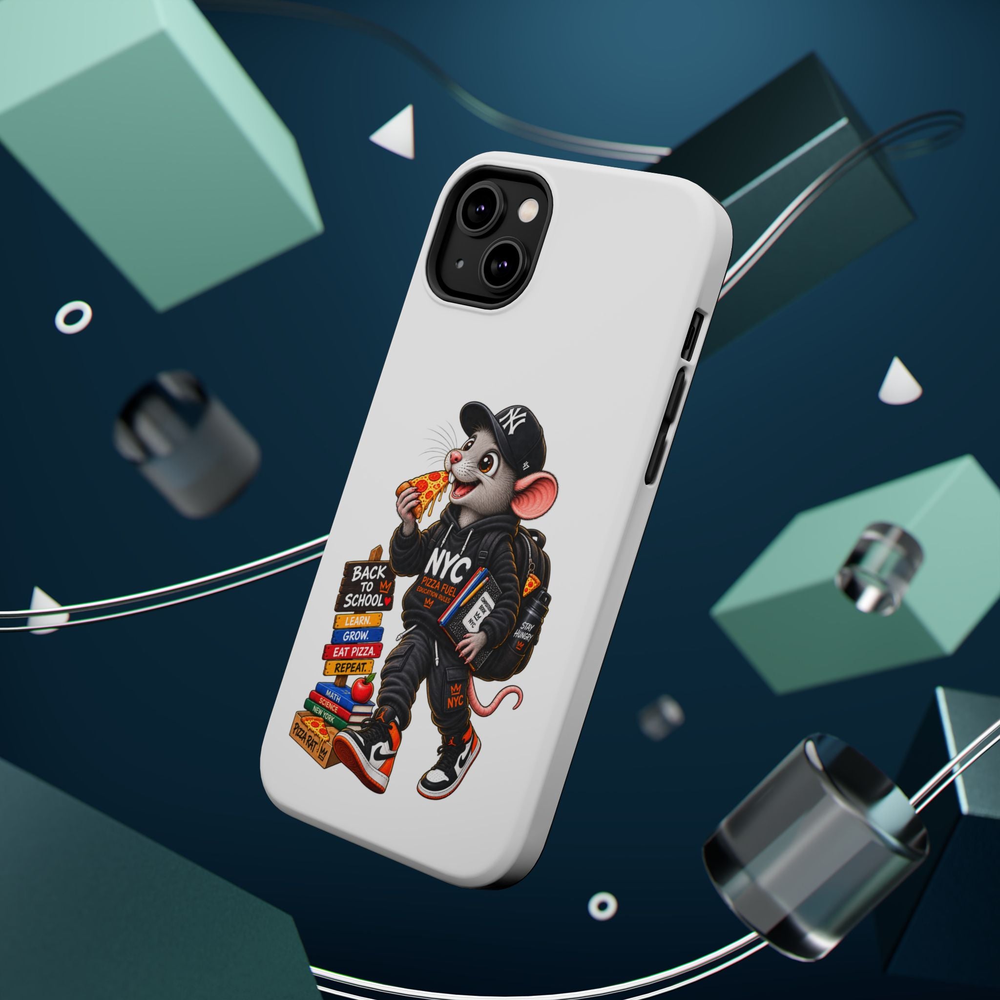 NYC Street Rat Phone Case – Magnetic Impact-Resistant iPhone Case with Back-to-School Pizza Design