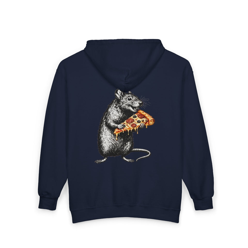 Keep Calm & Eat Pizza Zip Hoodie — Rat with Pizza Graphic Zip-Up Sweatshirt