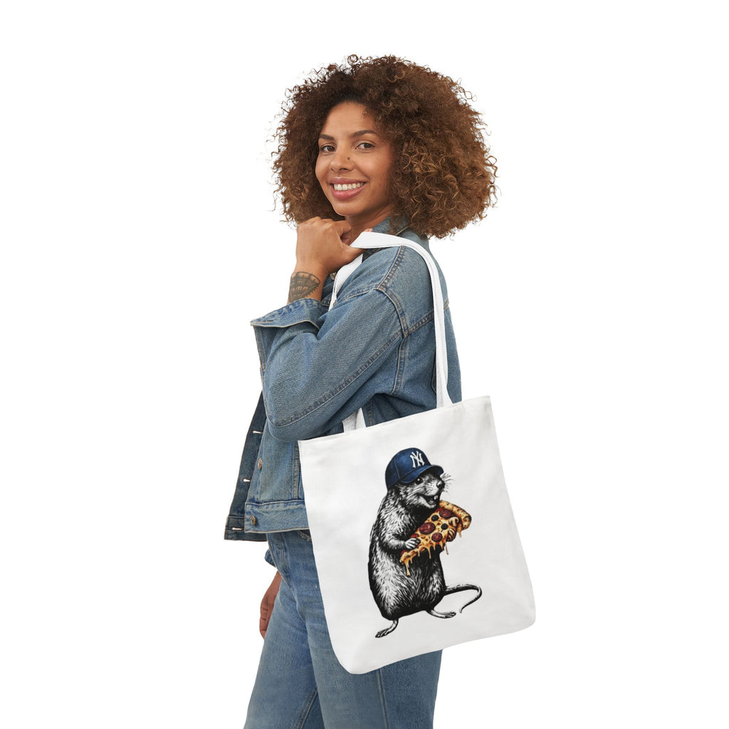 Canvas Tote — Cool Rat Wearing Yankees Cap Eating Pizza Print