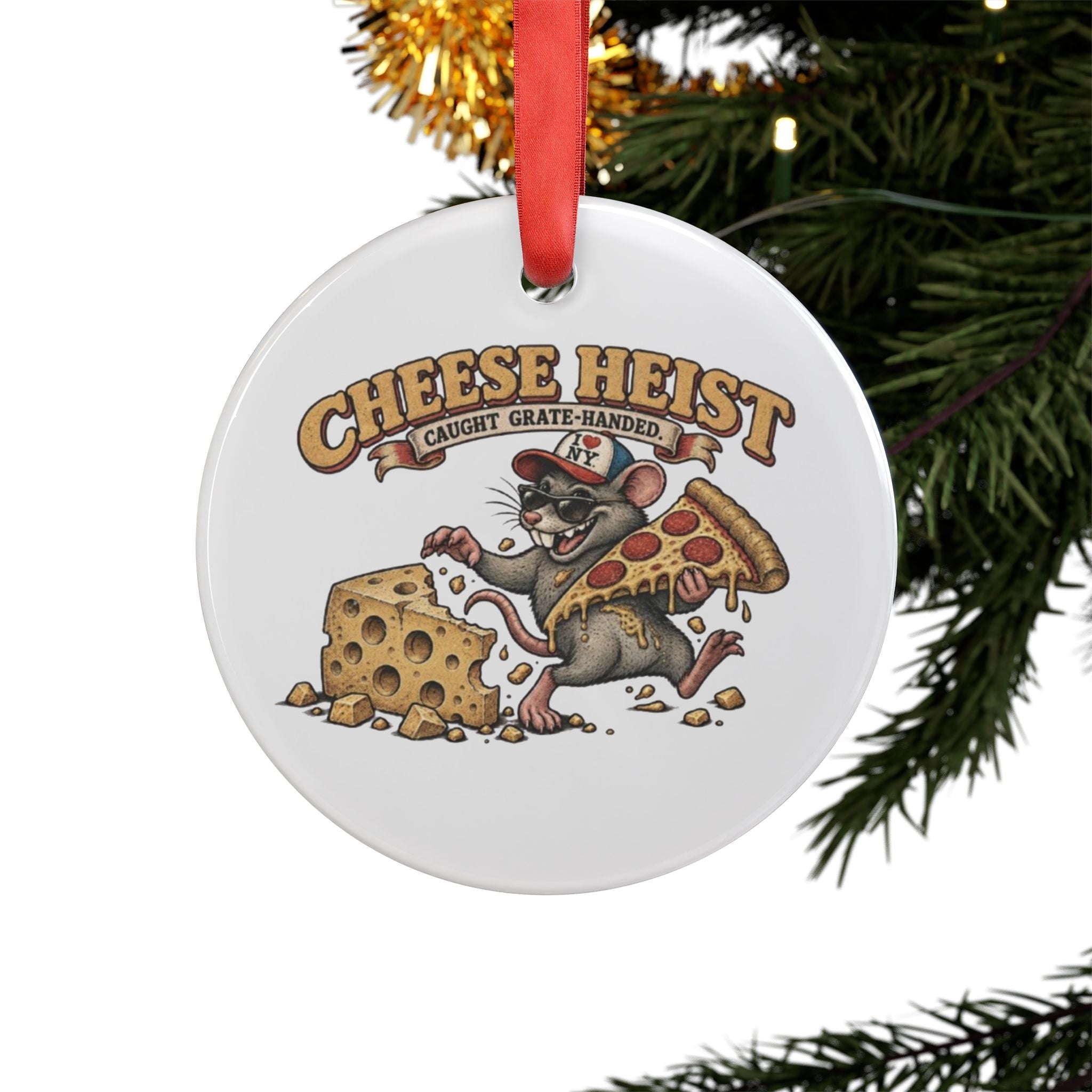 Cheese Heist Acrylic Ornament — Funny Mouse Pizza & Swiss Cheese Holiday Decoration