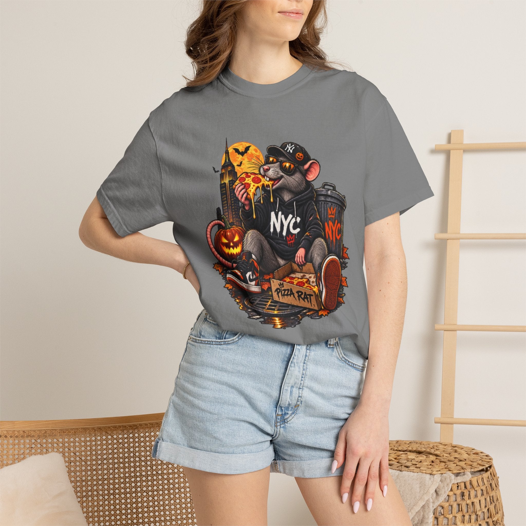 NYC Pizza Rat Halloween T-Shirt — Cute Urban Rat with Pizza & Pumpkins