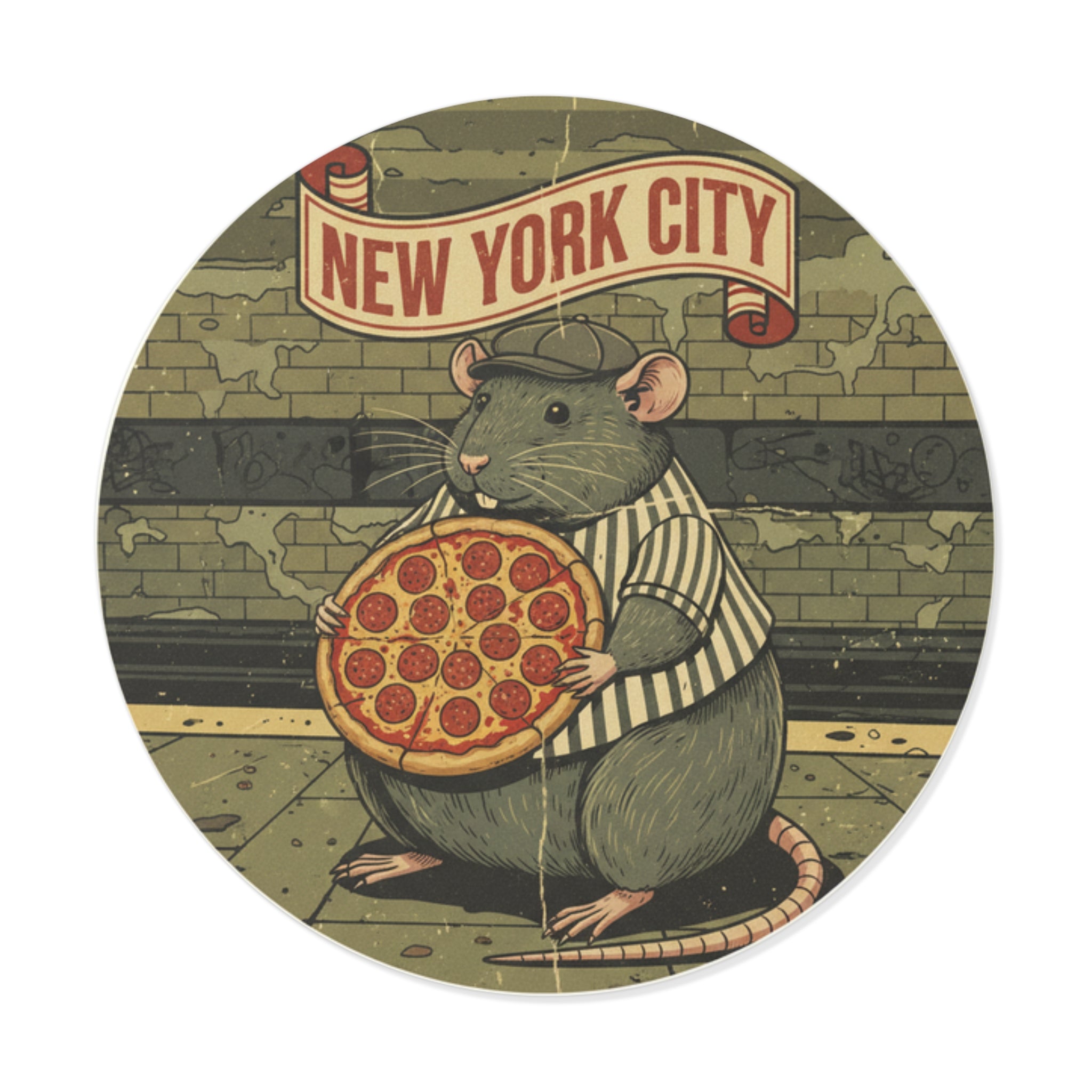 New York City Pizza Rat Round Vinyl Sticker — Retro Subway Art
