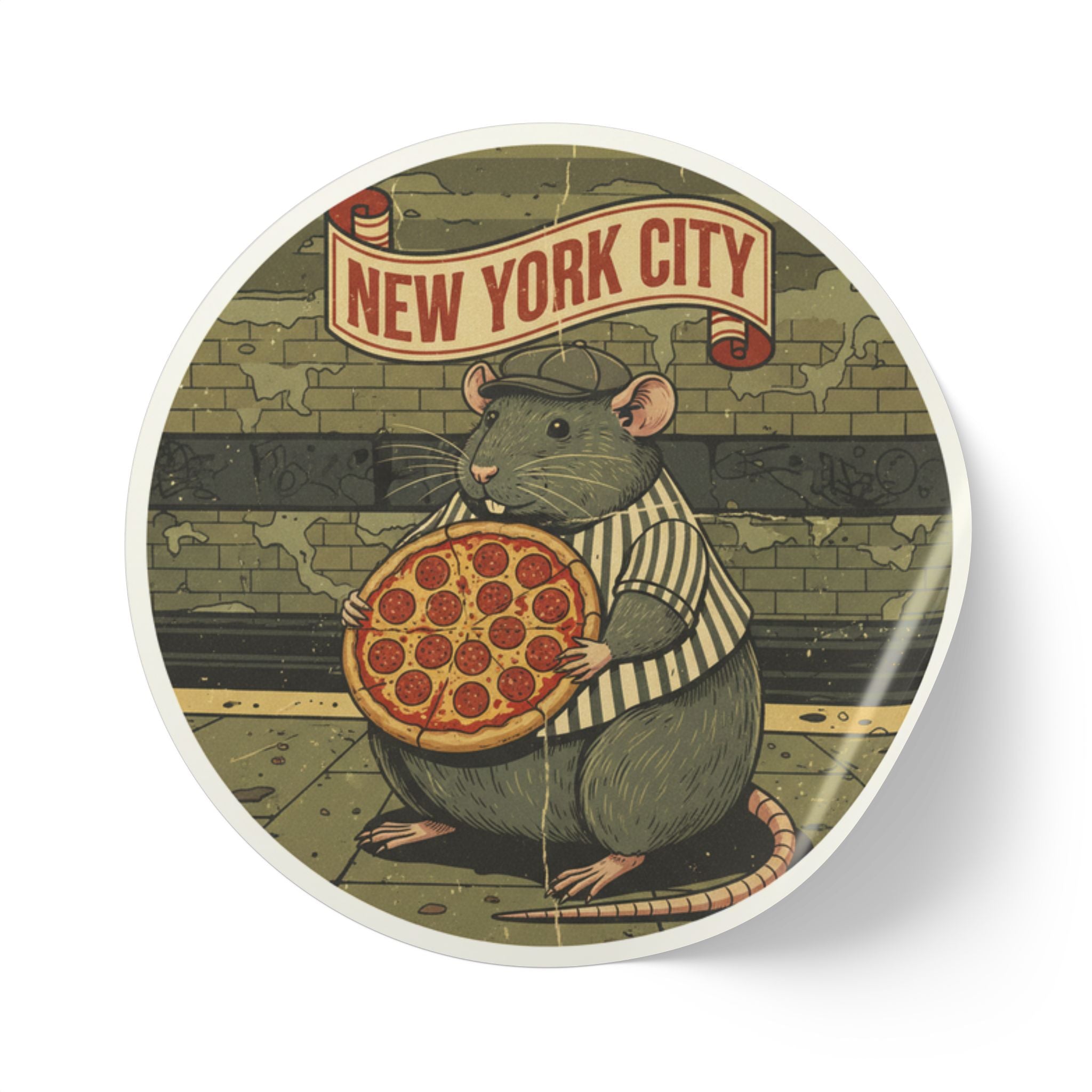 Round Sticker Roll — New York City Pizza Rat Retro Illustration