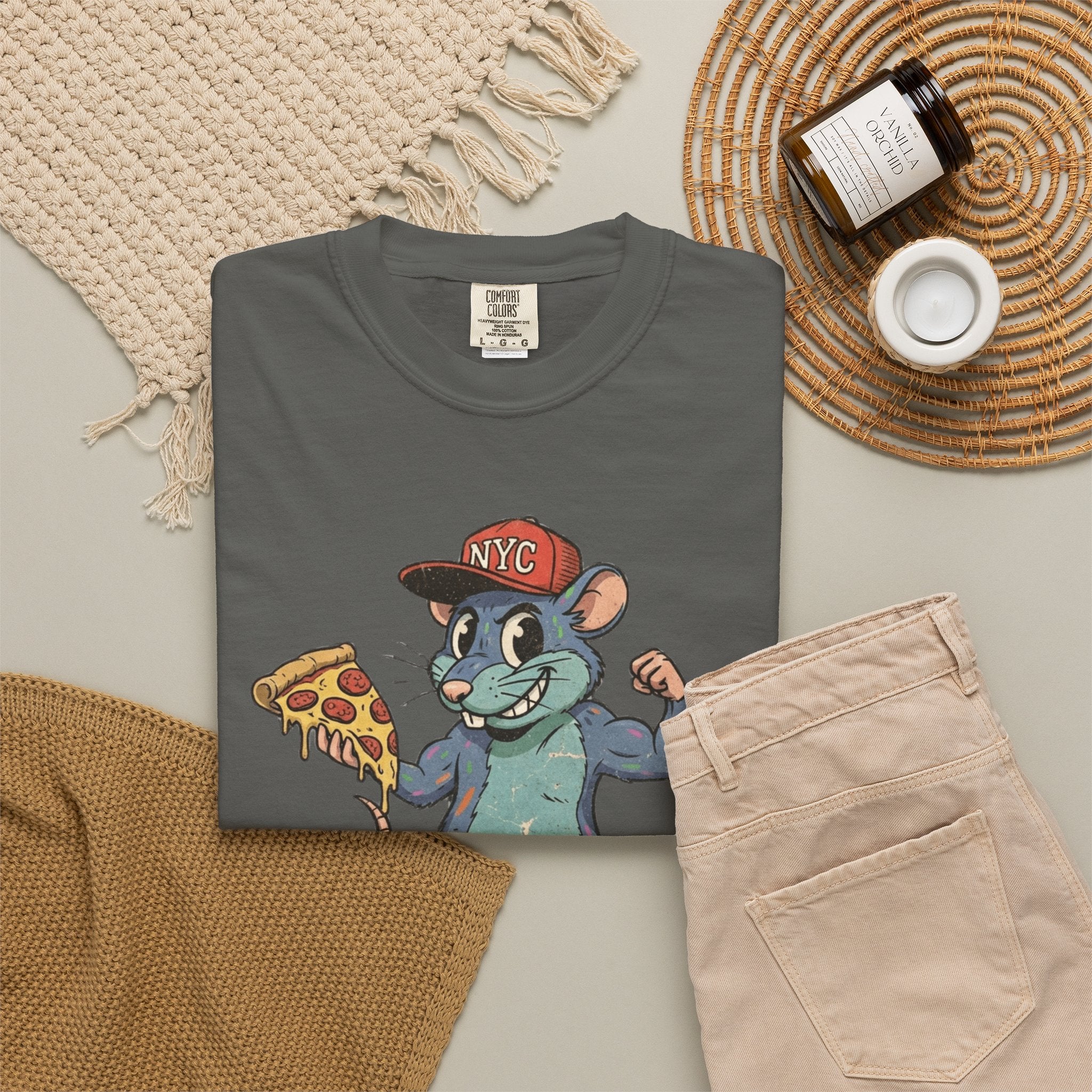 NYC Pizza Rat T-Shirt — Urban Cartoon Rodent Holding Slice Graphic Tee