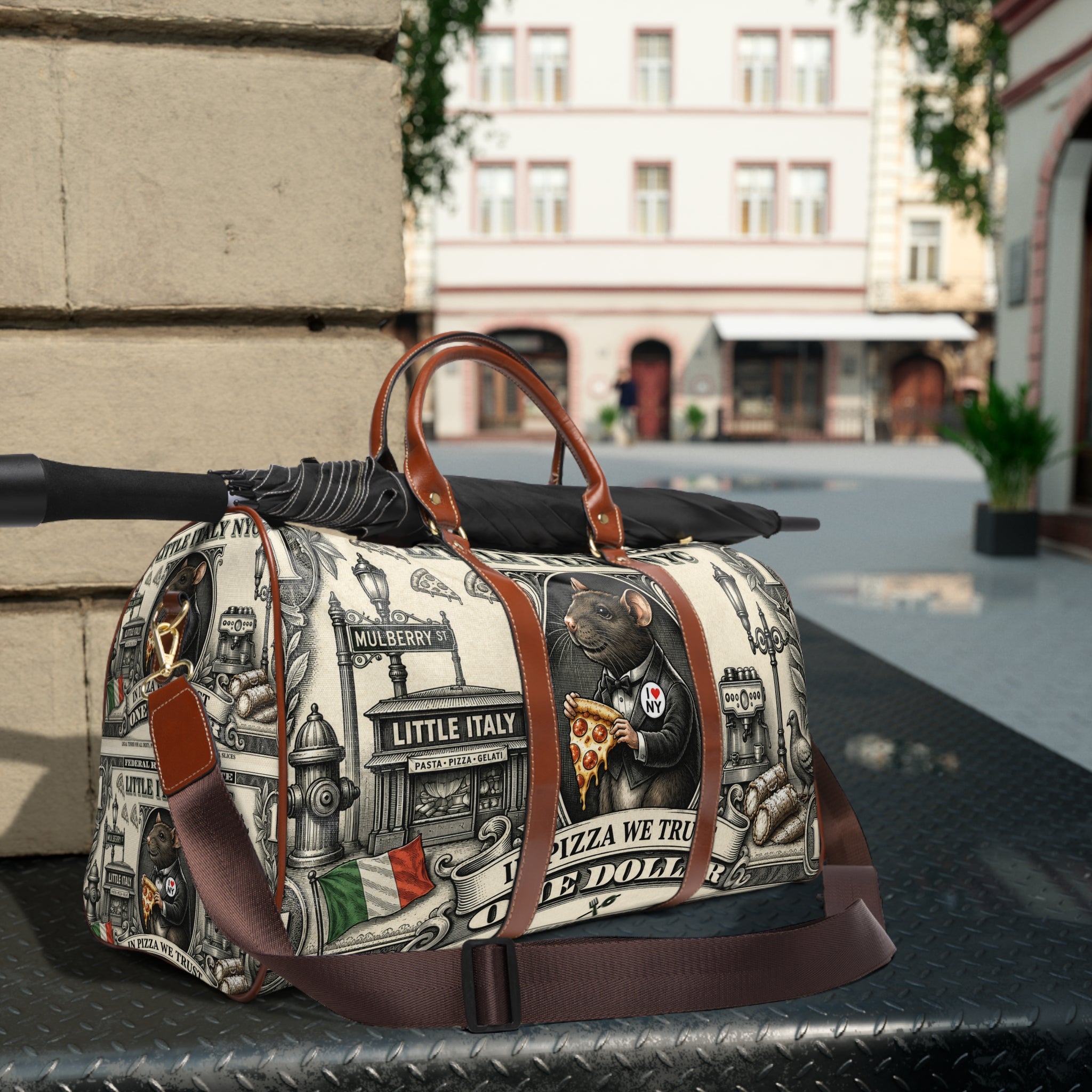 Italian Pizza Rat Waterproof Travel Bag — 'In Pizza We Trust' Duffle for Foodies & Travelers