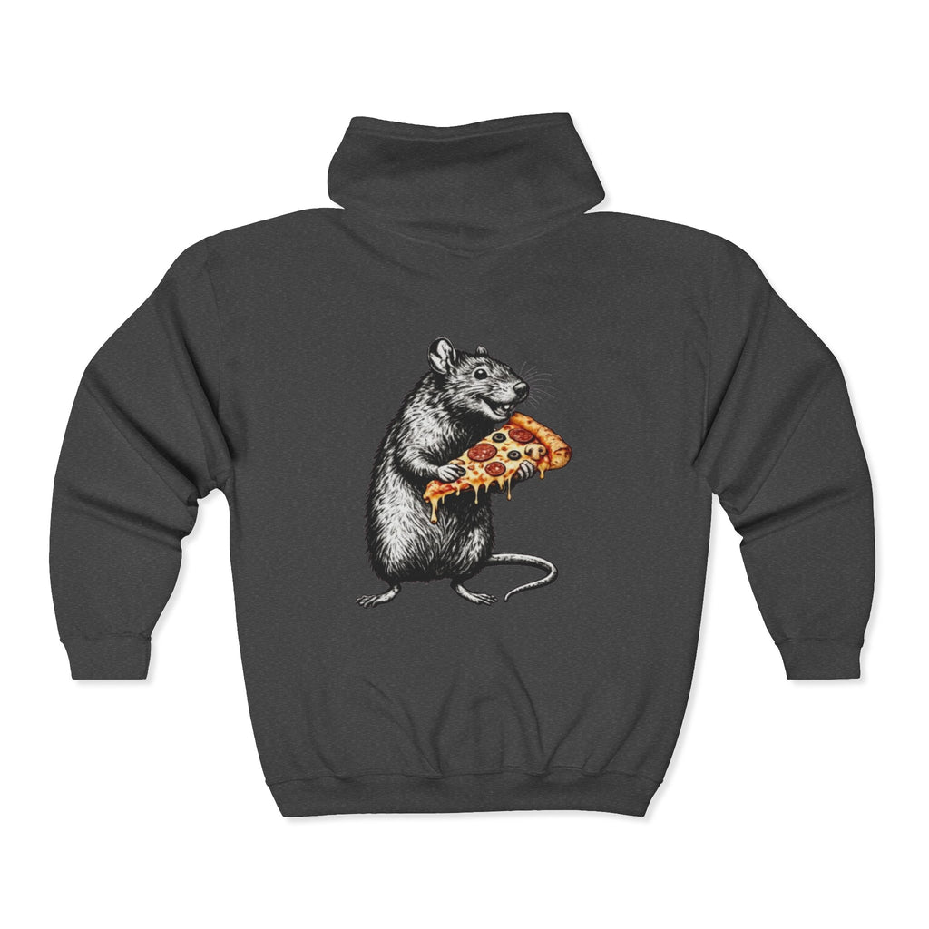 Keep Calm & Eat Pizza Zip Hoodie — Rat with Pizza Graphic Zip-Up Sweatshirt