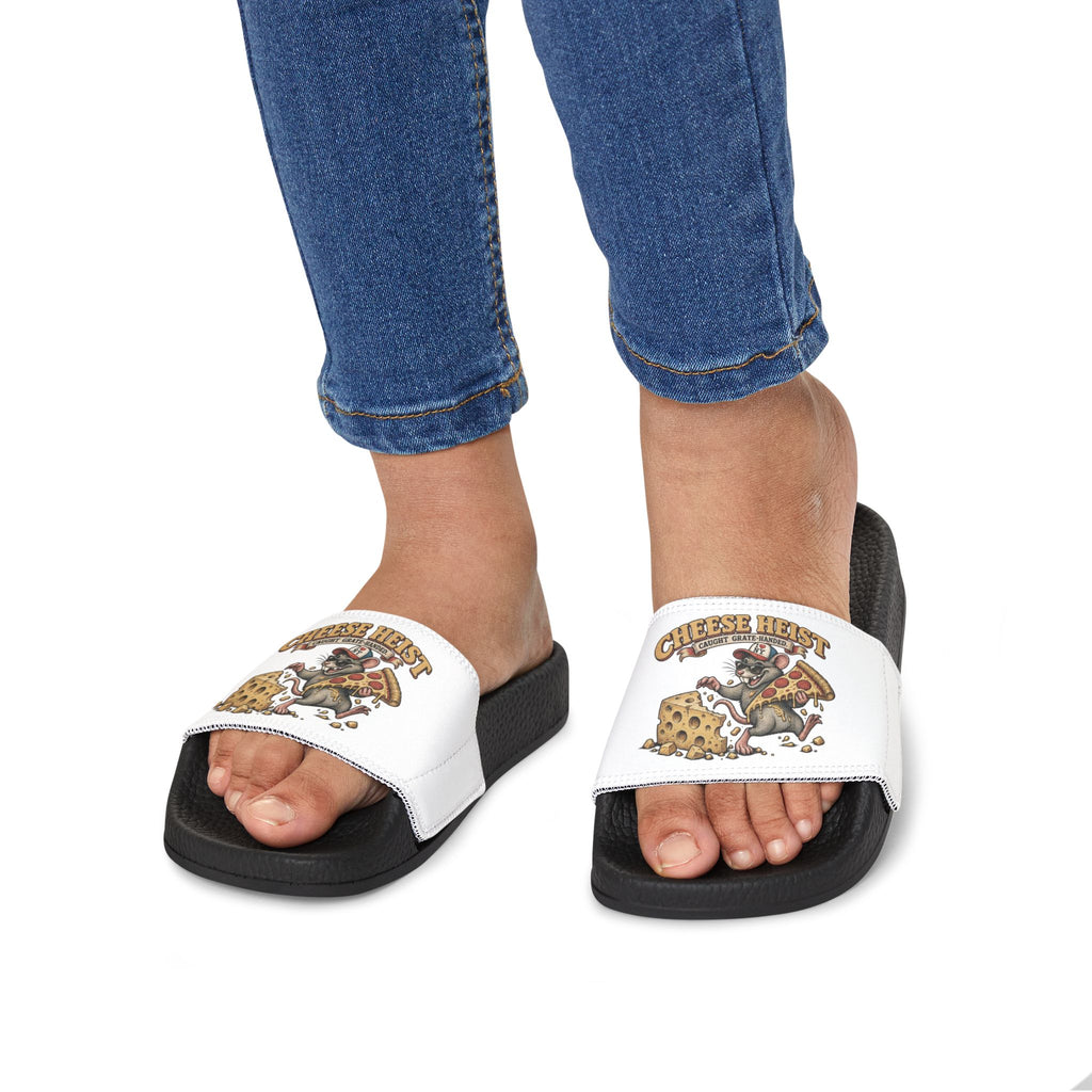 Youth Pizza Rat Slide Sandals — "Cheese First" Graphic Slides for Kids