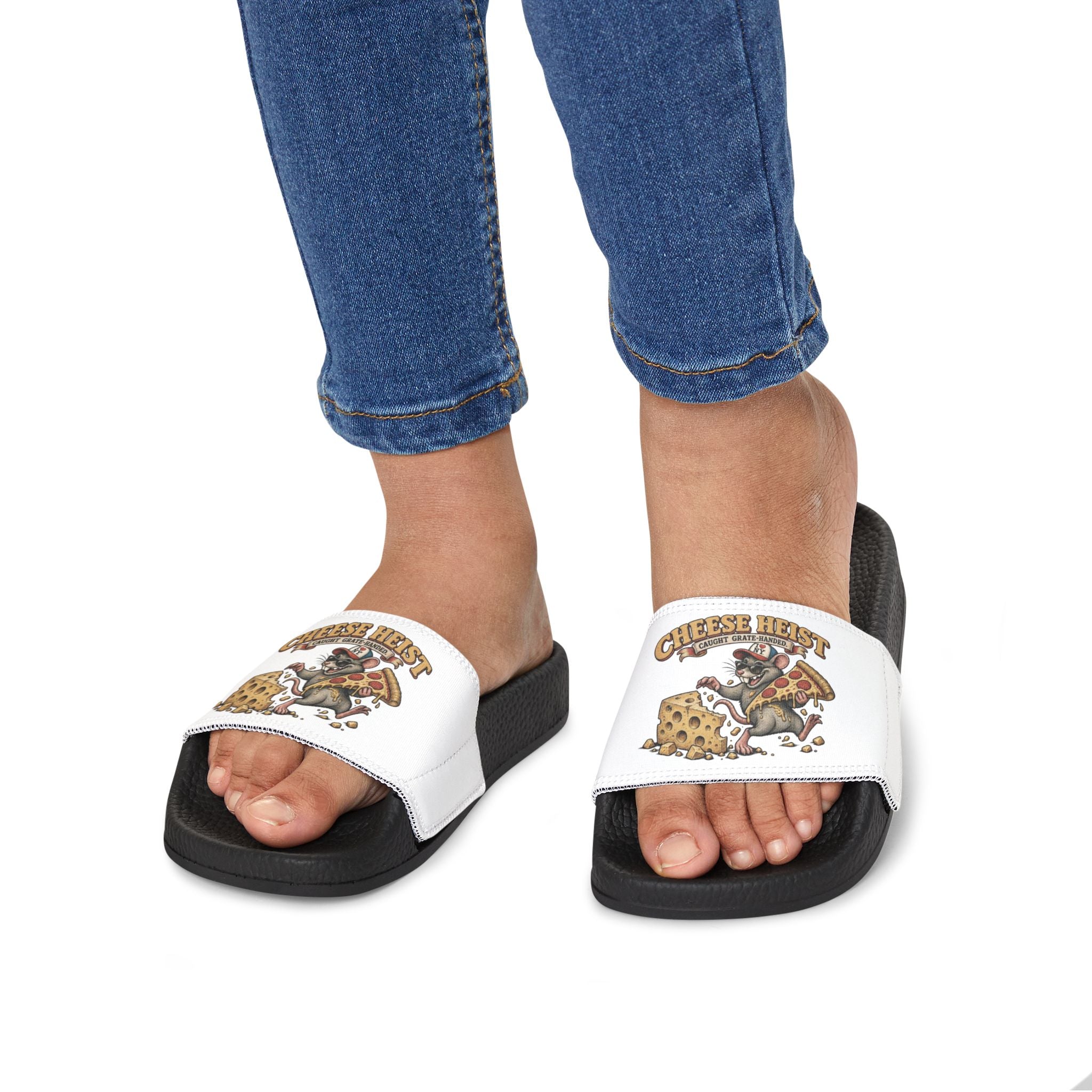 Youth Pizza Rat Slide Sandals — "Cheese First" Graphic Slides for Kids