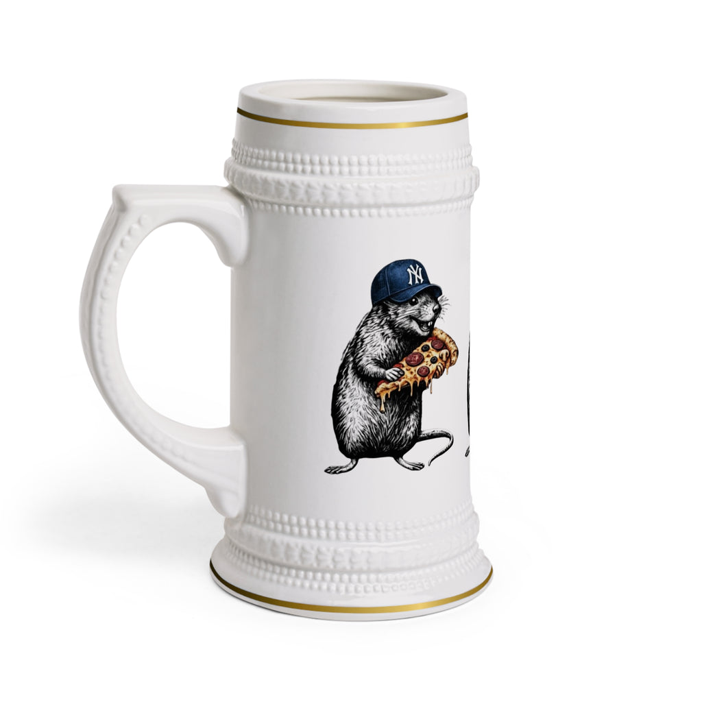 Beer Stein Mug — Retro Rat Eating Pizza with Baseball Cap Ceramic Stein