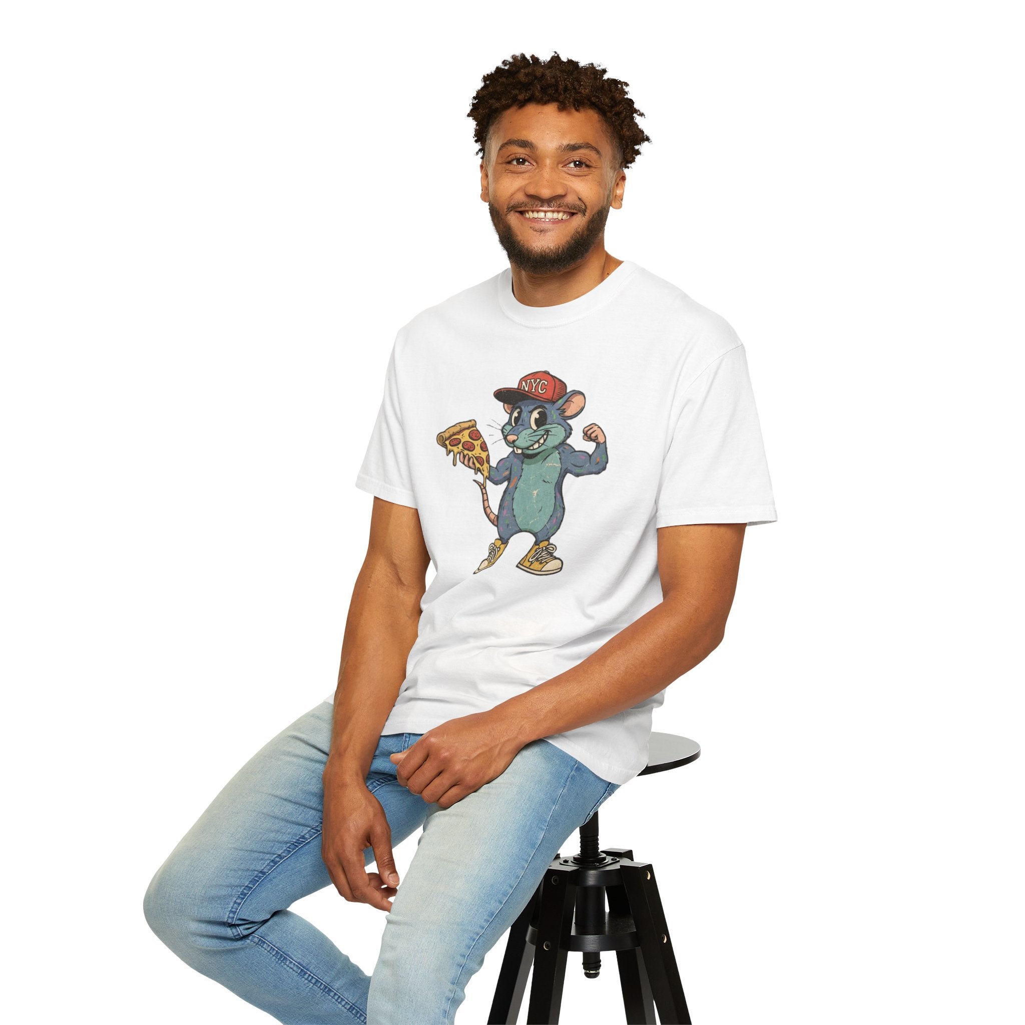 NYC Pizza Rat T-Shirt — Urban Cartoon Rodent Holding Slice Graphic Tee