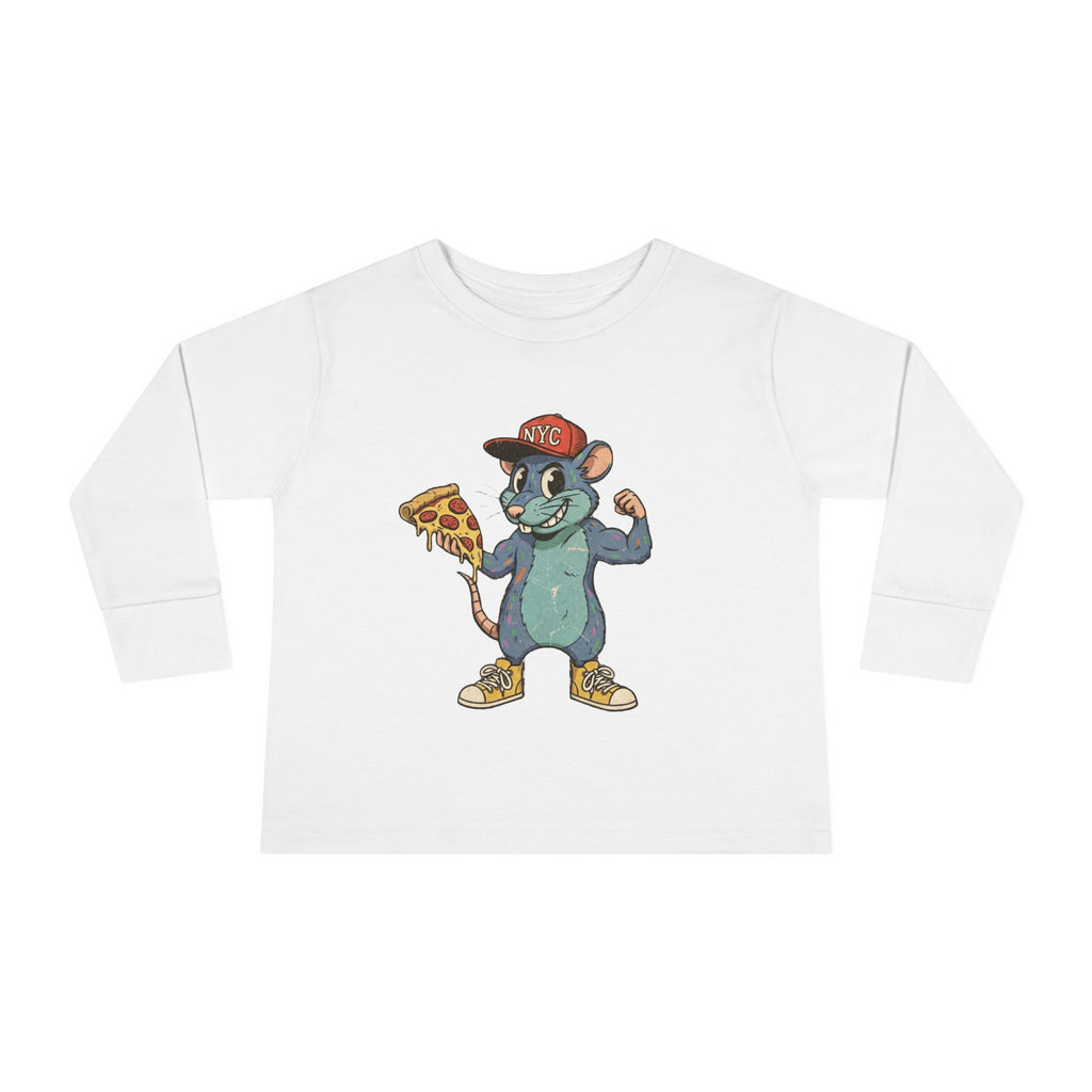 Toddler Long Sleeve Tee — Fun Pizza-Loving Cartoon Rat Graphic