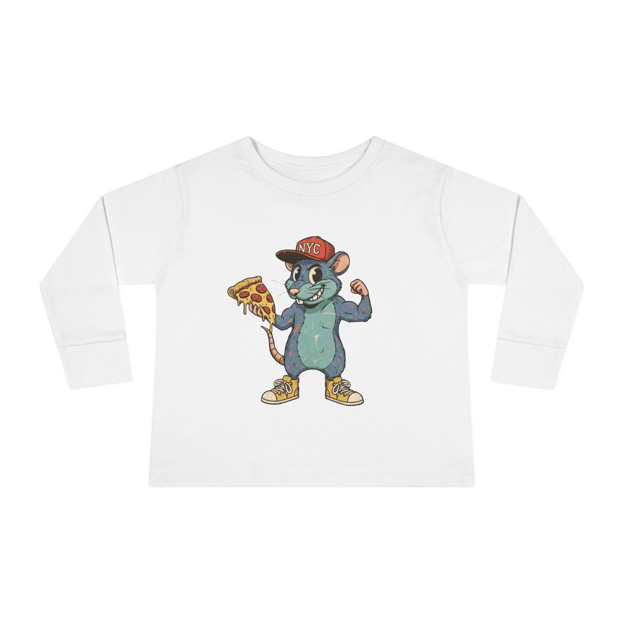 Toddler Long Sleeve Tee — Fun Pizza-Loving Cartoon Rat Graphic
