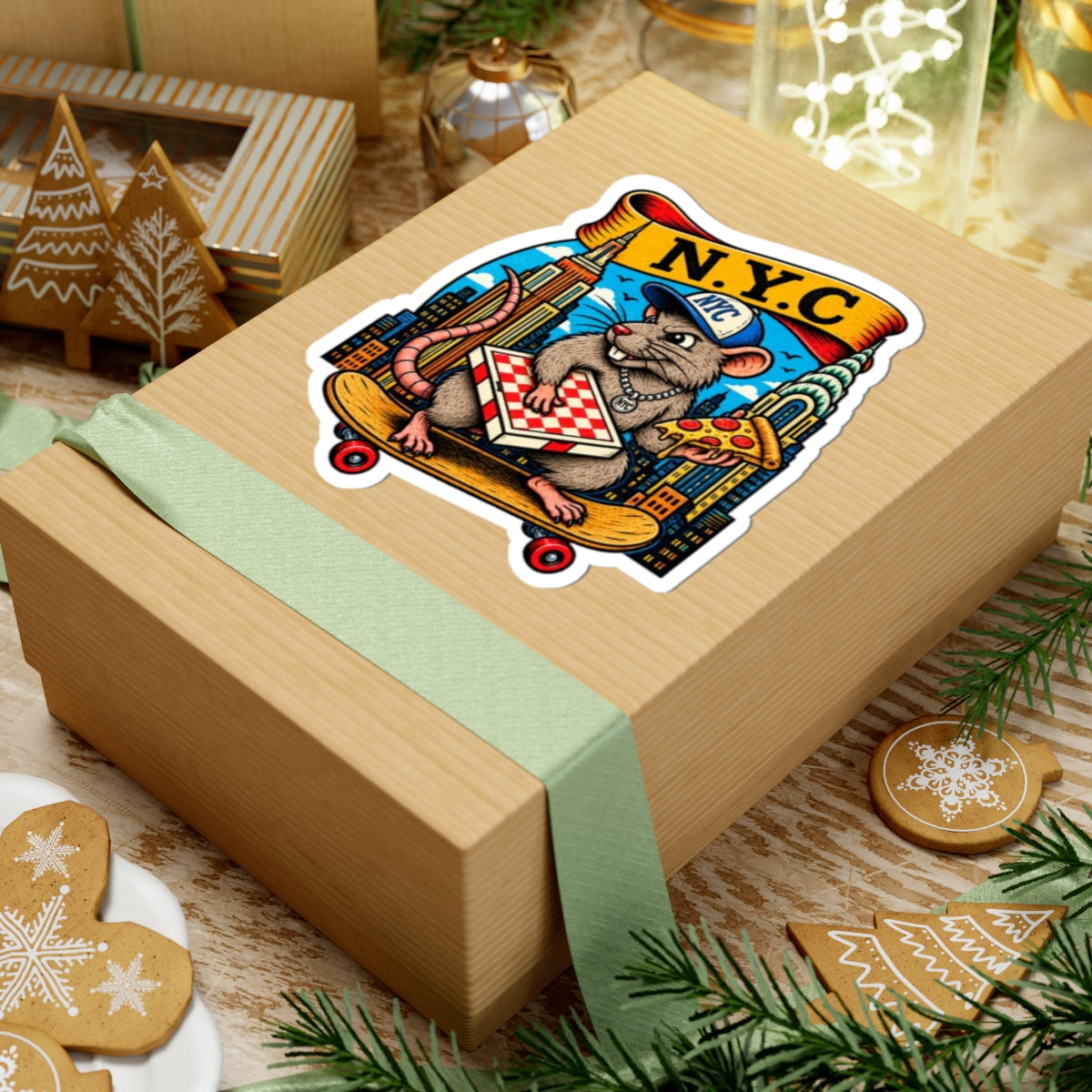 NYC Pizza Rat Sticker — Skateboard Skateboarder Cityscape Kiss-Cut Sticker