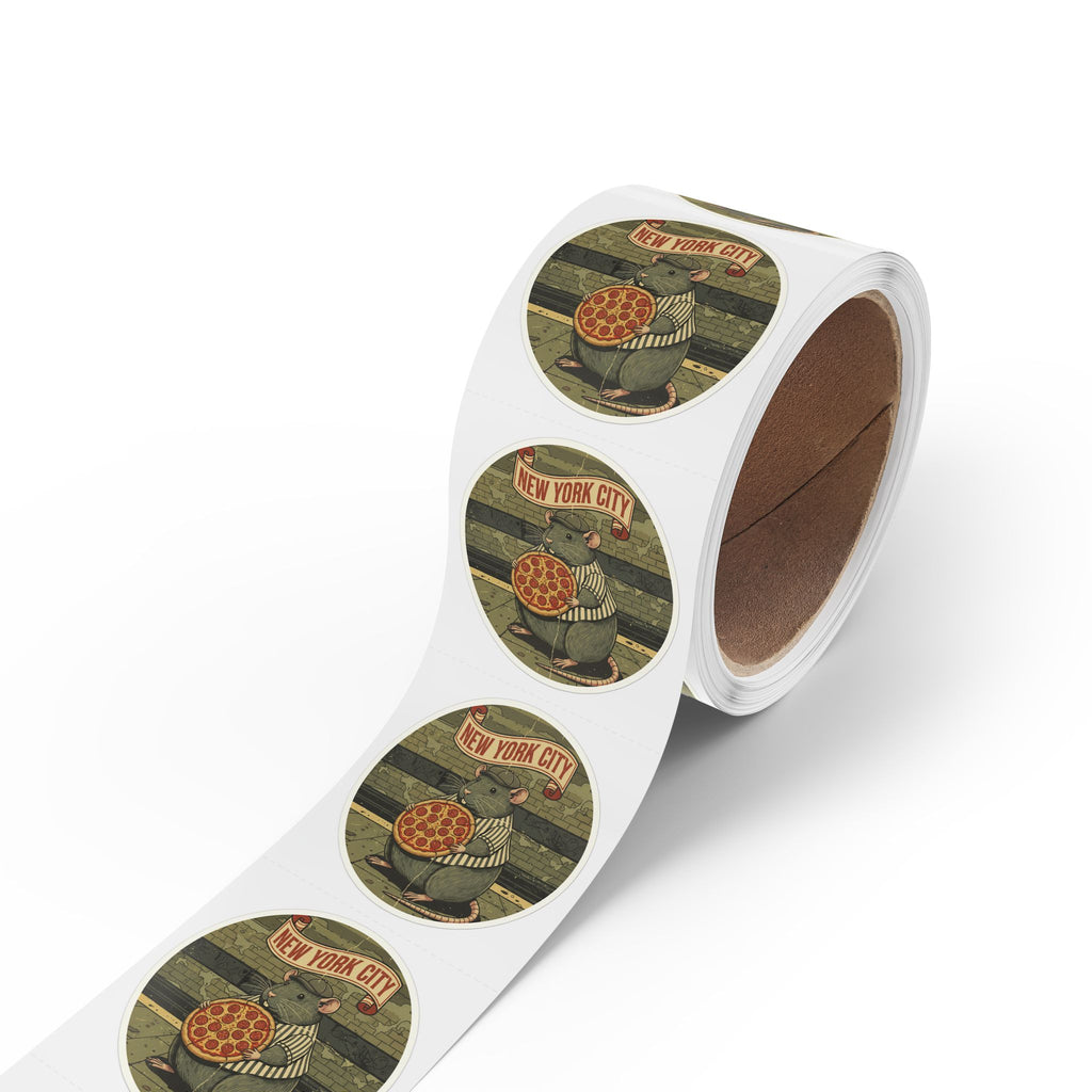 Round Sticker Roll — New York City Pizza Rat Retro Illustration