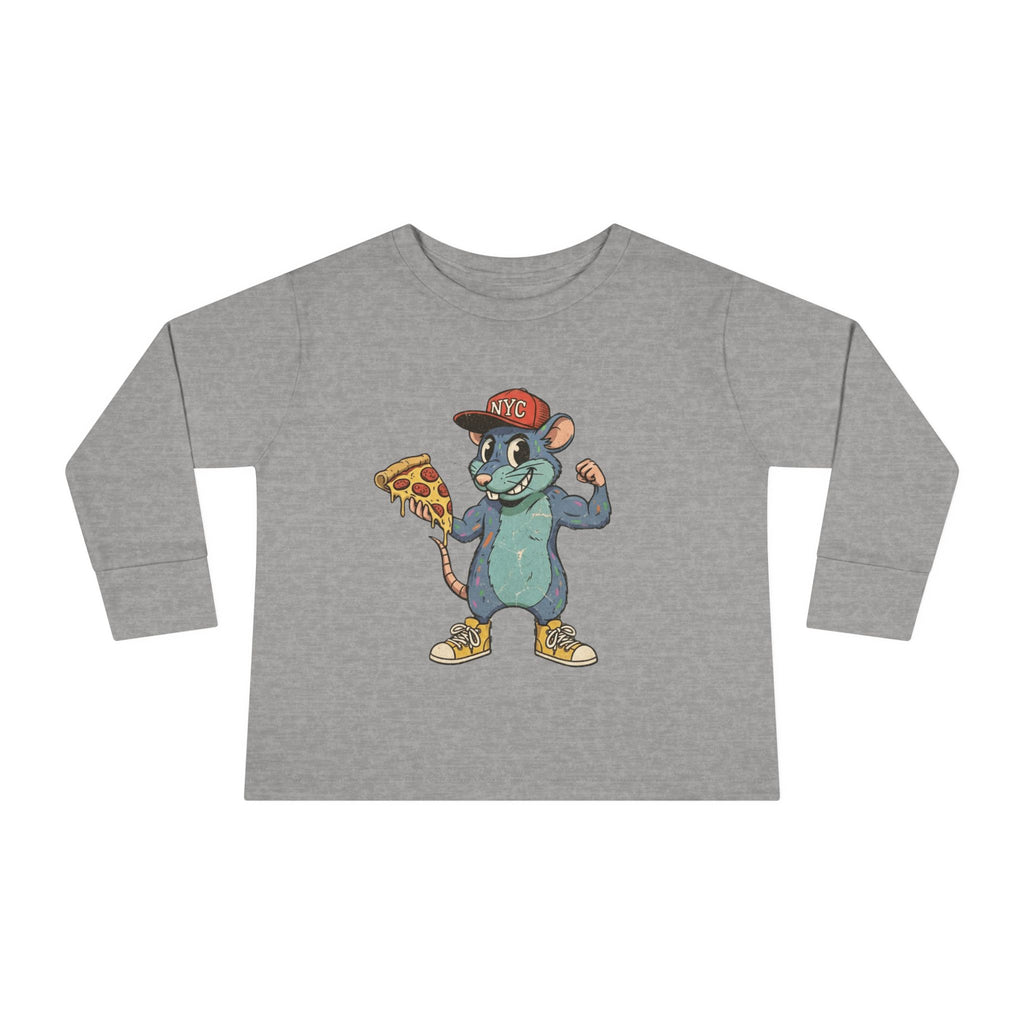 Toddler Long Sleeve Tee — Fun Pizza-Loving Cartoon Rat Graphic