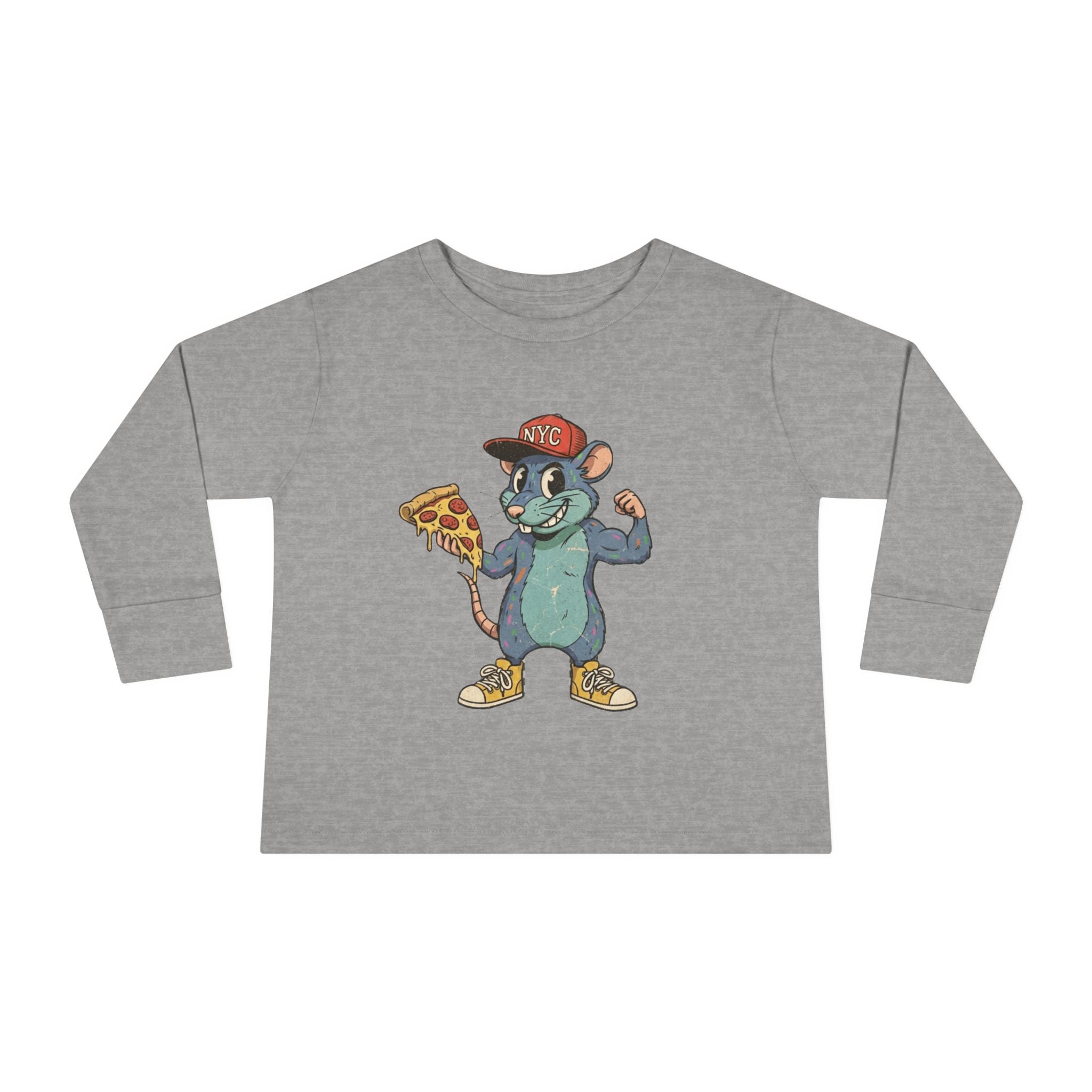 Toddler Long Sleeve Tee — Fun Pizza-Loving Cartoon Rat Graphic