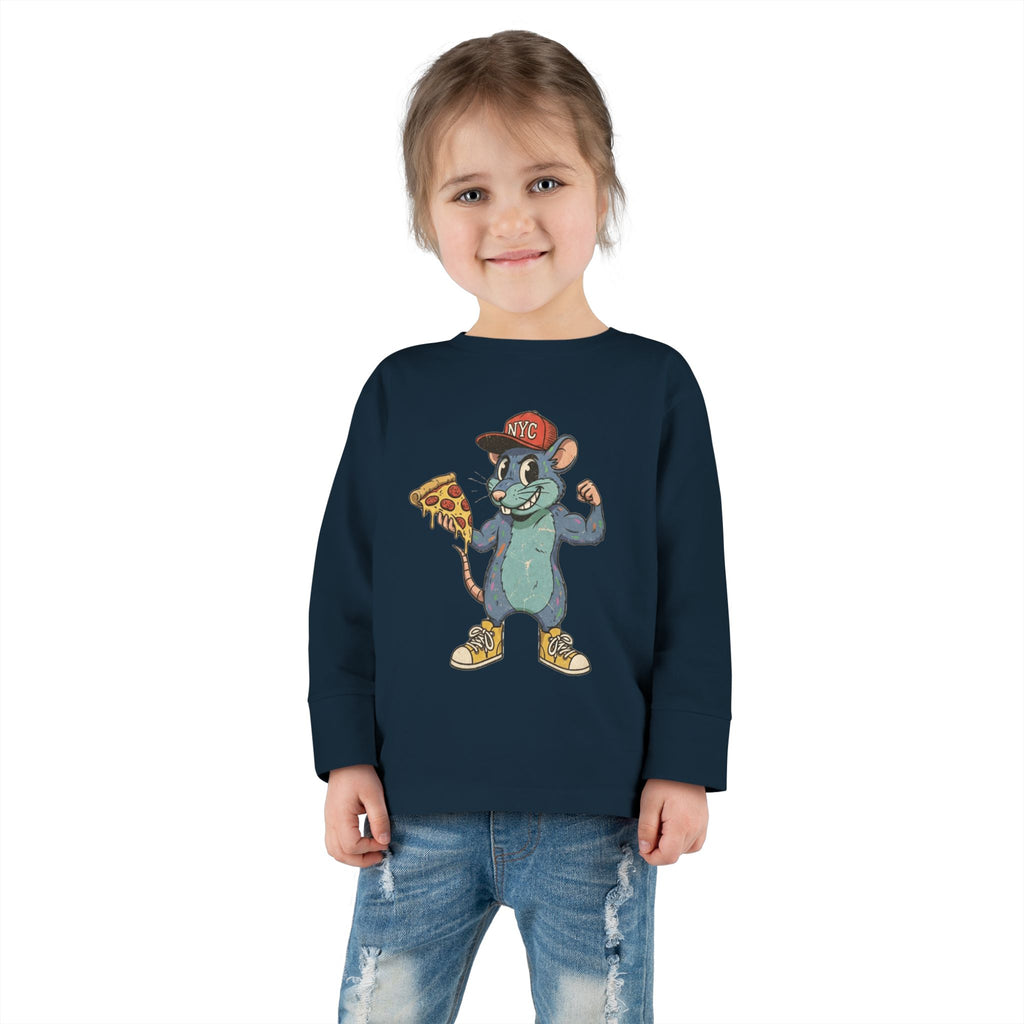 Toddler Long Sleeve Tee — Fun Pizza-Loving Cartoon Rat Graphic