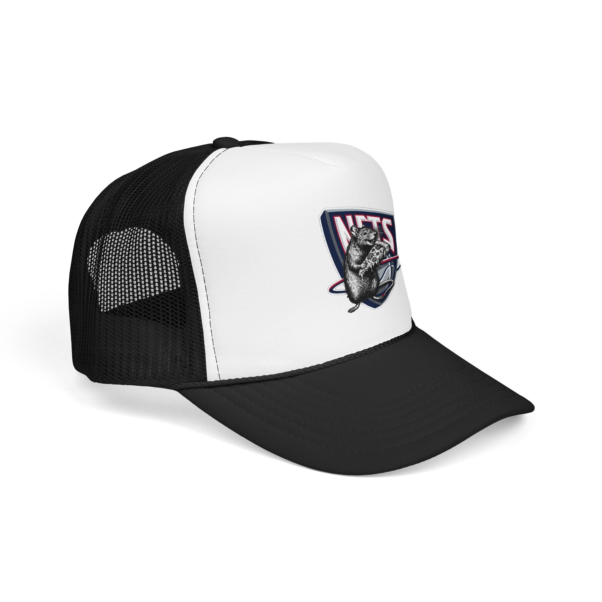 Black Trucker Hat with Retro Raccoon Patch — 'NTS' Vintage Style Foam Cap - Brooklyn Nets