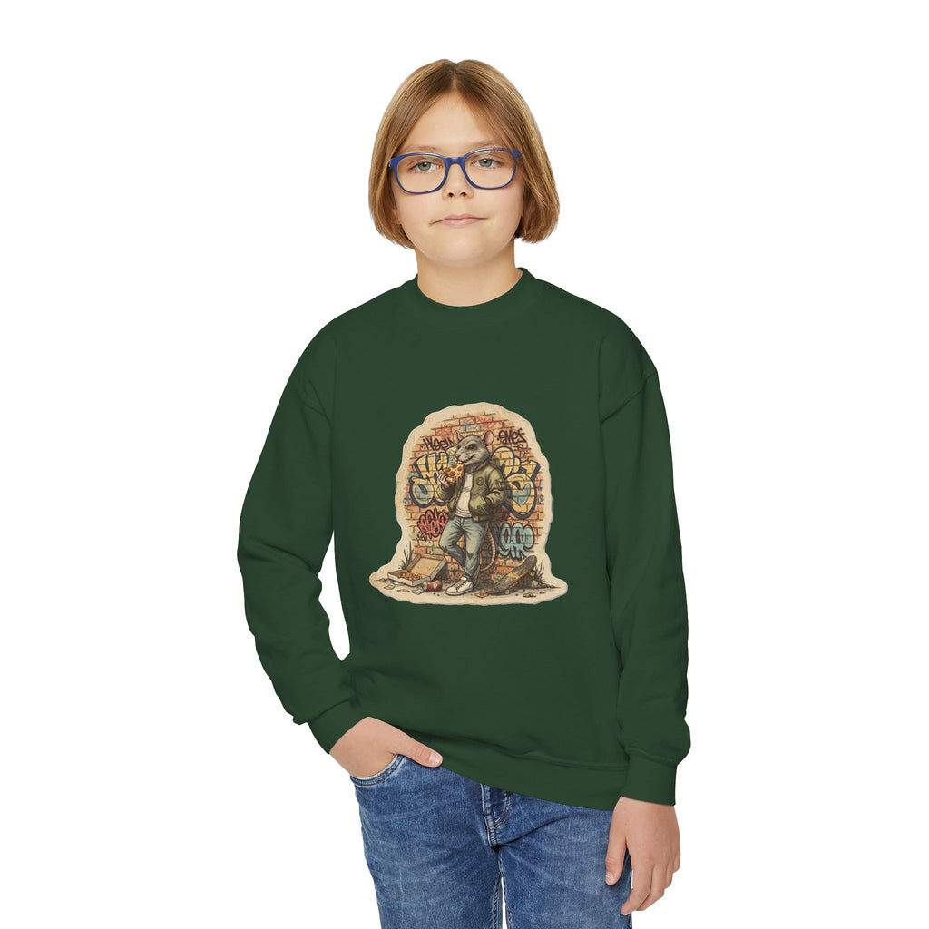 Youth Crewneck Sweatshirt — Vintage Explorer NY Rat Graphic