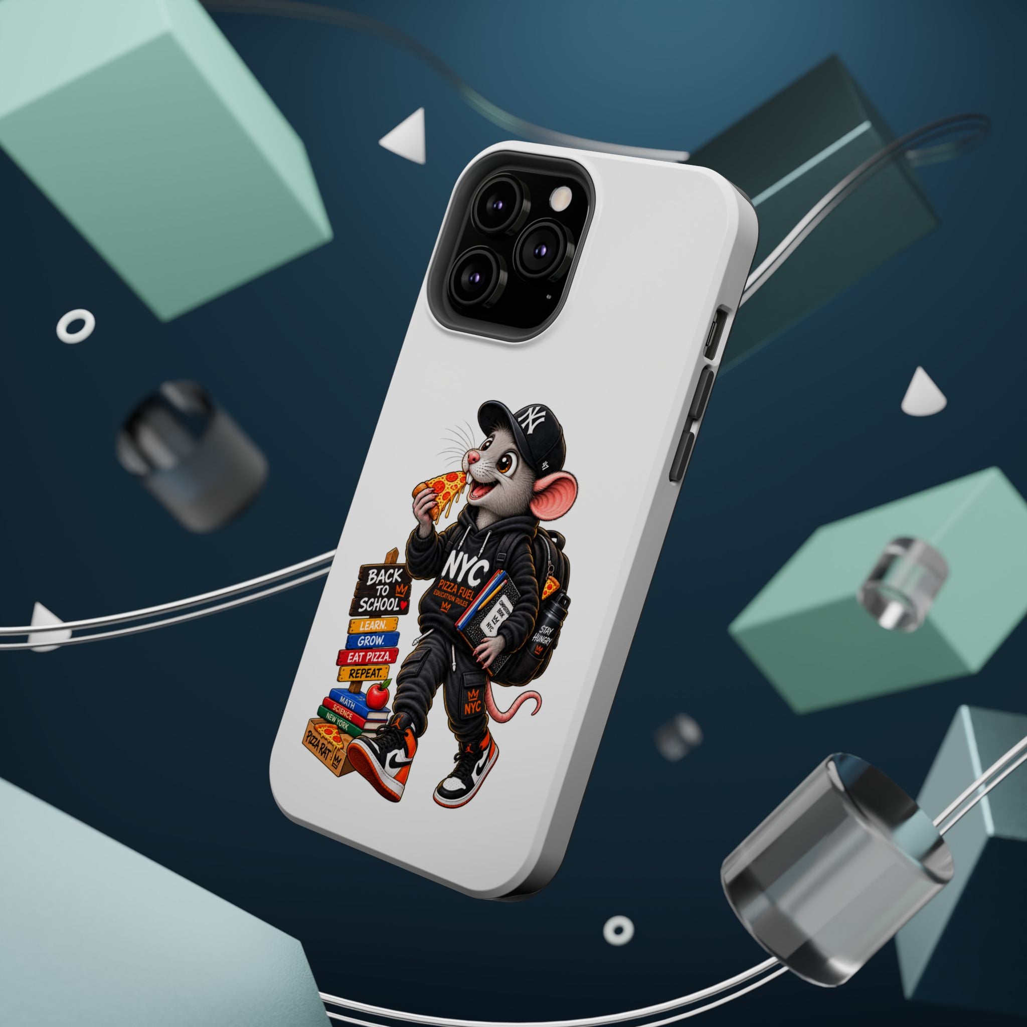 NYC Street Rat Phone Case – Magnetic Impact-Resistant iPhone Case with Back-to-School Pizza Design